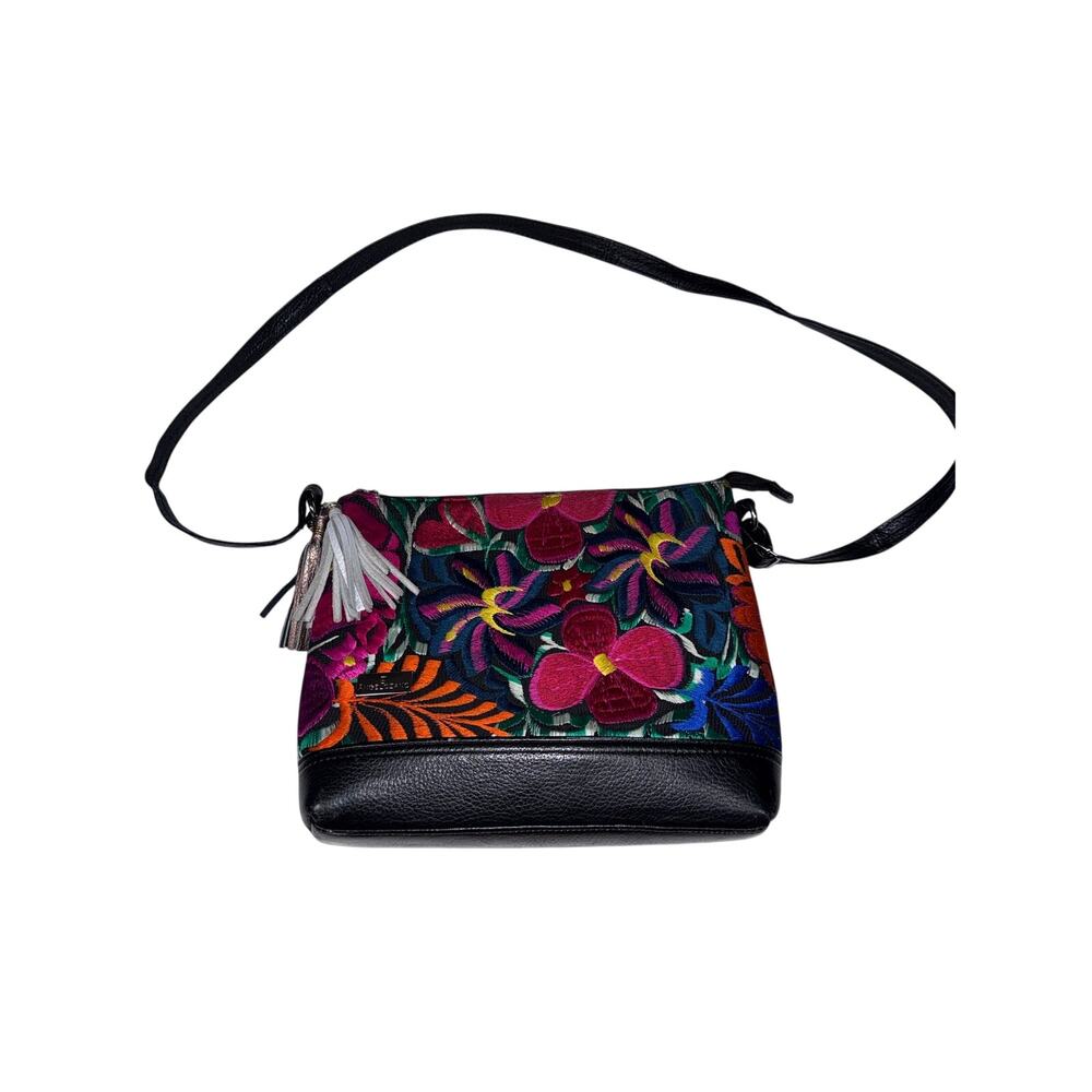 AngeLozano Genuine Leather Embroidered Floral Crossbody Bag Purse Boho Black